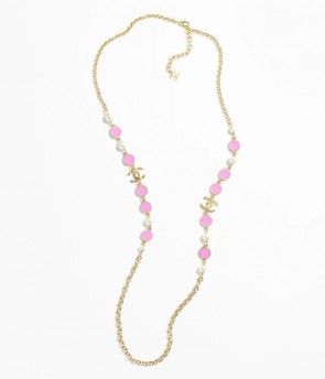 Lady's Chanel Long Necklace Gold, Pink & Pearly White