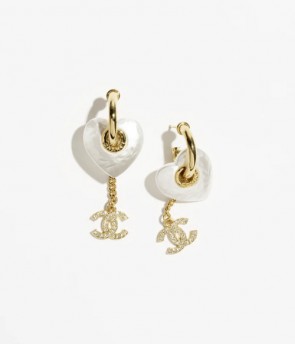 Lady's Chanel Pendant Earrings In Gold, Pearly White & Crystal