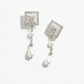 Lady's Chanel Pendant Earrings In Silver, Pearly White & Crystal