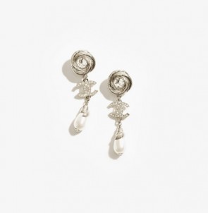 Lady's Chanel Pendant Earrings in Gold, Pearly White & Crystal