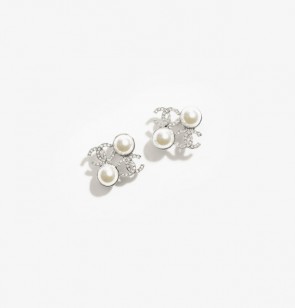 Lady's Chanel Stud Earrings in Silver, Pearly White & Crystal