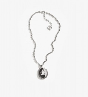 Lady's Chanel Long Pendant Necklace in Silver, Transparent & White