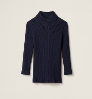 Lady's Miumiu Ribbed Knit Wool Turtleneck Sweater Navy