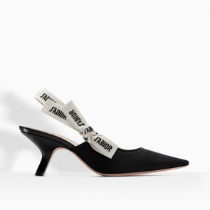 Women slingback in black technical fabric with ribbon pump