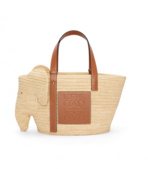 Loewe Elephant Basket Bag In Raffia And Calfskin