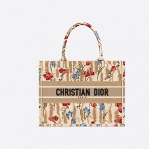 Dior Beige Book Tote Hibiscus Embroidery Bag