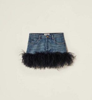 Lady's Miumiu Denim Miniskirt With Feather Trim