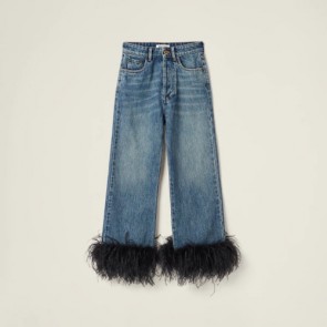 Lady's Miumiu Denim Jeans With Feather Trim