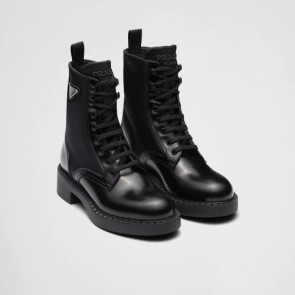 Lady's Prada Brushed Leather And Re-Nylon Boots