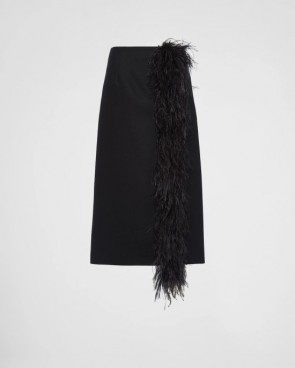 Lady's Prada Feather-Trimmed Wool Midi-Skirt