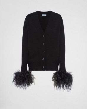 Lady's Prada Cashmere Cardigan With Feather Trim