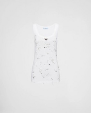 Prada Ribbed Knit Jersey Top With Embroidery