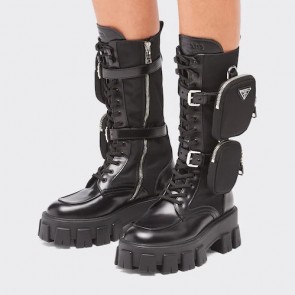 Lady's Prada Monolith Leather And Nylon Boots