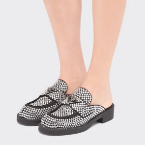Lady's Prada Satin Mules Shoes With Crystals