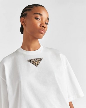Lady's Prada Embroidered Triangle Logo White T-shirt