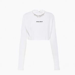 Lady's Miumiu Long-sleeved Jersey T-shirt With Crystals