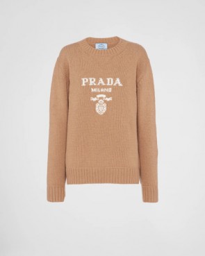 Lady's Prada Cashmere And Wool Prada Logo Crew-Neck Sweater