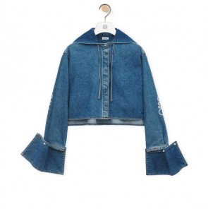 Lady's Loewe Cropped Hooded Shirt In Denim