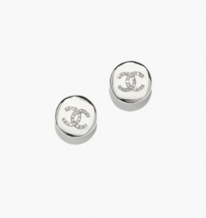Lady's Chanel Stud Earrings in Silver, White & Crystal
