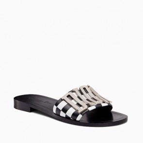 Women evolution mule in black and white printed calfskin leather sandals1157761