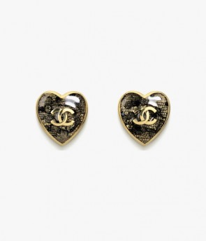 Lady's Chanel Heart Stud Earrings Gold & Black