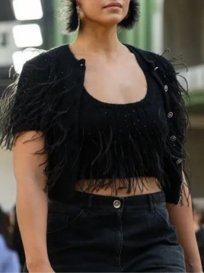 Lady's Chanel Cardigan in Cotton, Silk and Feathers