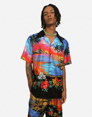 Men's Dolce Gabbana Silk Twill Shirt With Hawaiian Print