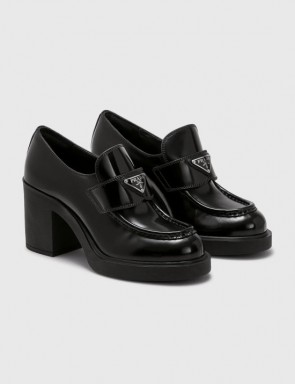 Lady's Prada Chocolate High-heeled Loafers Patent