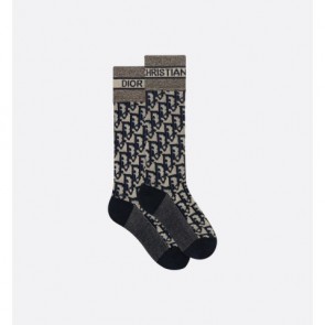 Lady's Dior Socks Navy Blue And Ecru Dior Oblique Cotton Blend