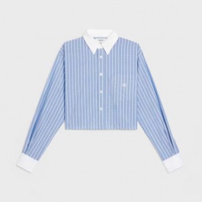Lady's Celine Cropped Shirt In Striped Cotton Bleu/blanc
