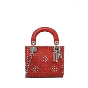 Women mini lady bag in red studded calfskin