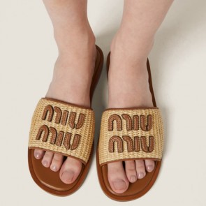 Lady's Miumiu Raffia-Effect Woven Fabric Slides