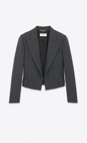Lady's Saint Laurent Cropped Jacket In Rive Gauche Striped Flannel