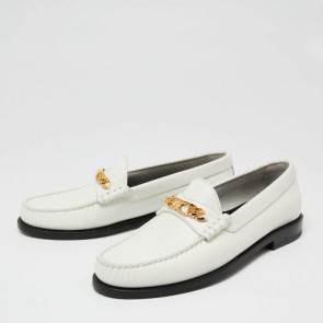 Lady's Celine White Triomphe Flat Leather Loafers