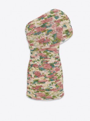 Lady's Saint Laurent Ruched One-Shoulder Dress In Floral Tulle
