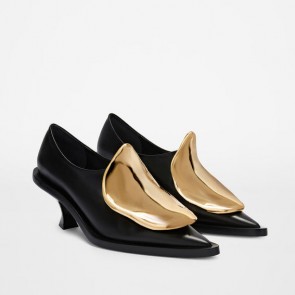 Lady's Jil Sander Hammered Metal Plaque Mules Kitten Heels 