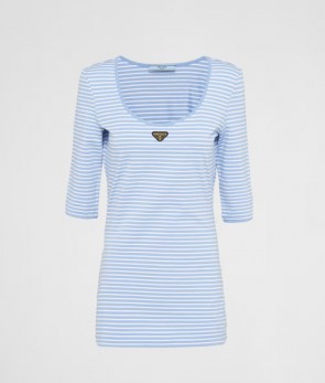 Lady's Prada Striped Jersey Top In Sky Blue/White